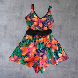 Mainstream One Piece Swim Womens M-See Measurements Tropical Floral Neon 90s